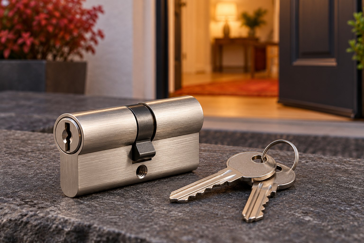 Illustrative replacement cylinder and house keys