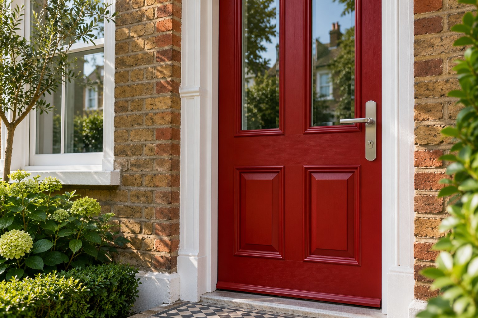 Illustrative red timber front door with a silver handle at a British home