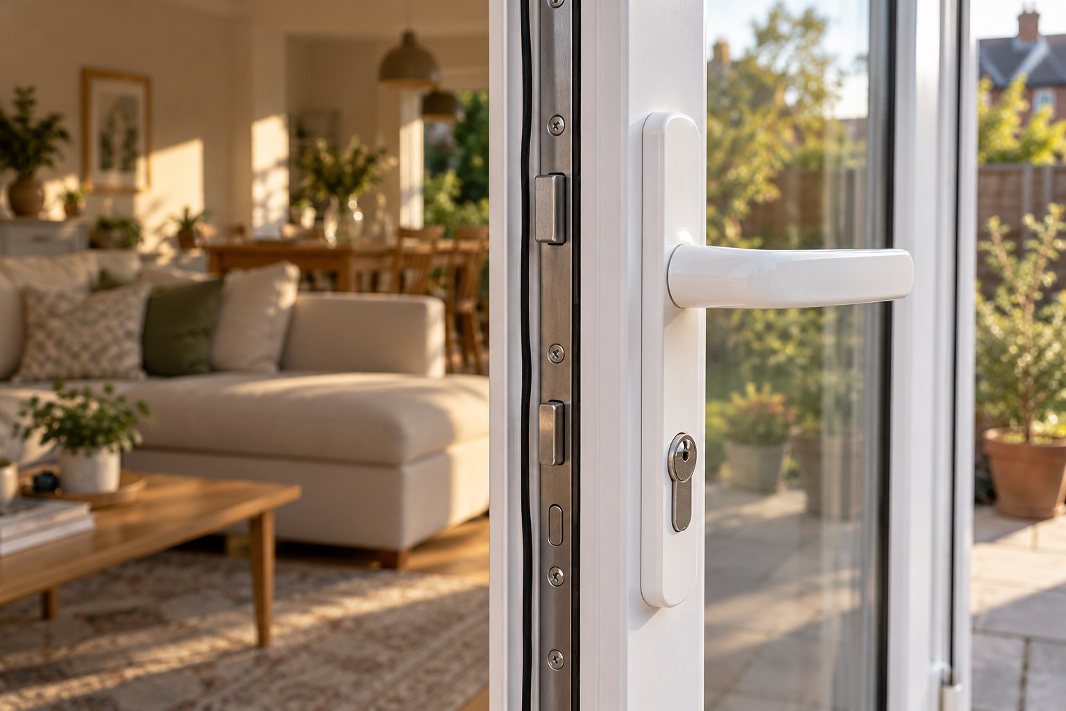 Illustrative handle and locking edge on a white uPVC door